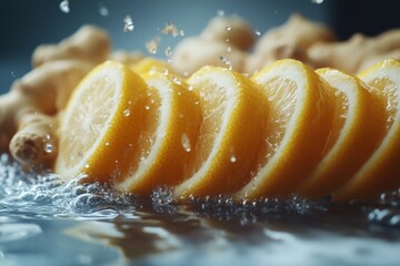 Poster - Freshly sliced lemons arranged on a reflective surface with ginger root in the background during a bright kitchen setting