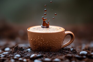 Aufkleber - Freshly brewed coffee cup with water droplets splashing in warm light setting on a rustic surface