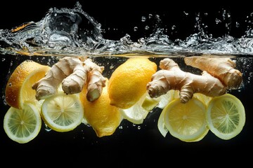 Poster - Fresh ginger and lemons create a vibrant underwater splash in a dark setting
