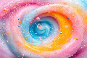 Leinwandbilder - Colorful swirl of paint creating an abstract galaxy with playful bubbles and sparkles in vibrant hues