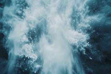 Aufkleber - Powerful ocean waves crashing against rocky shore creating mist and foam during late afternoon light