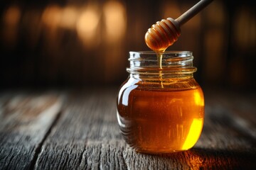 Aufkleber - Honey drizzling from a wooden dipper into a glass jar on a rustic wooden surface in warm lighting