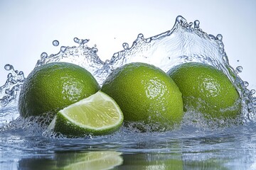 Aufkleber - Fresh green limes splashing in water creating dynamic waves and droplets in a bright setting
