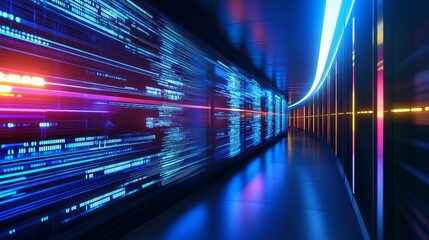 Poster - Futuristic data center corridor with vibrant light trails, showcasing advanced technology and innovation