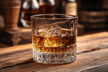 Poster - Whiskey served in a crystal glass with ice cubes on a rustic wooden table in a cozy bar setting