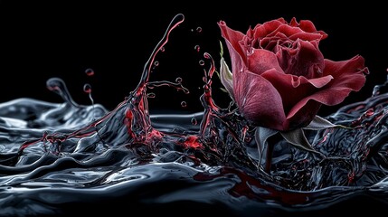 Poster - Dynamic red rose splashing in dark liquid artistic photography abstract art close-up perspective