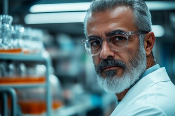 Poster - Experienced scientist working in a laboratory with glassware and equipment during a research project