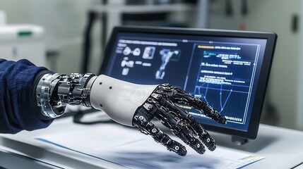 Poster - High-tech robotic hand innovations ai-enhanced digital interfaces in a futuristic laboratory setting