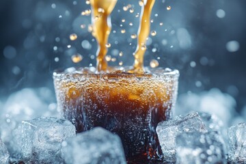 Poster - Refreshing beverage poured over ice cubes, capturing vibrant bubbles in a glass during a sunny afternoon