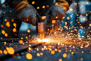 Aufkleber - Metalworker cutting steel with plasma cutter while sparks fly in industrial workshop during late afternoon