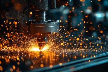 Leinwandbilder - Metal cutting process using laser technology in a workshop during the night