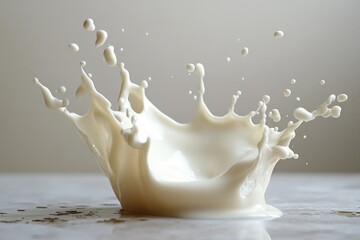 Poster - Milk splash captured in high detail with white droplets flying against a light background in a still setting