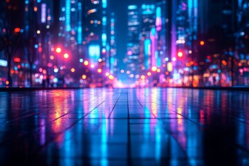 Poster - Vibrant city lights reflect on a rainy street at night, creating a colorful urban landscape