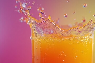 Poster - Refreshing splash of orange juice in a glass against a vibrant pink background