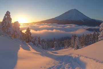 Poster - Majestic sunrise over snowy landscape with mountains and clouds at dawn in early winter