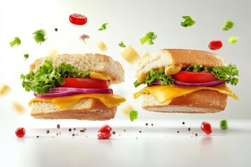 Poster - Delicious sandwiches with fresh ingredients floating against a minimal backdrop in bright lighting