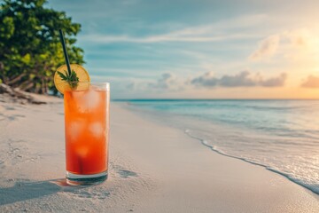 Poster - Sunset view of a tropical cocktail on a serene beach with gentle waves and lush trees