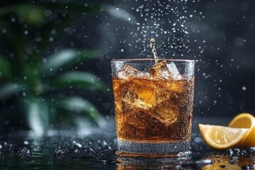 Poster - Refreshing dark beverage with ice and lemon slice in a stunning setting, capturing the essence of leisure