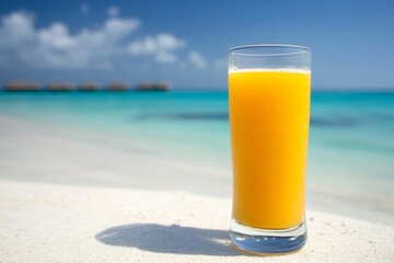 Poster - Refreshing orange juice on a sandy beach with a clear blue ocean and bright sky during a sunny day