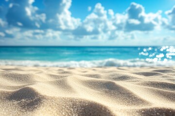 Aufkleber - Coarse sand glistens under sunlight near tranquil ocean waves at midday in a coastal paradise