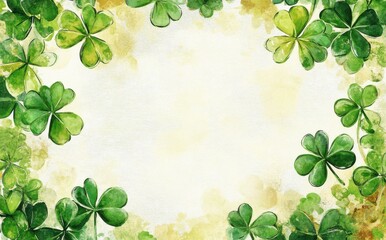 Wall Mural - a watercolor, realistic, detailed illustration of an empty gold frame surrounded by green shamrocks 