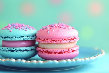 Poster - Colorful macaron desserts on a decorative plate showcasing vibrant hues and sweet toppings