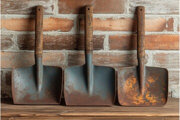 Poster - Collection of vintage metal spades against a rustic brick wall