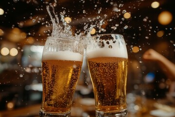 Aufkleber - Cheers to friendship with clinking beer glasses in a lively bar setting during evening hours
