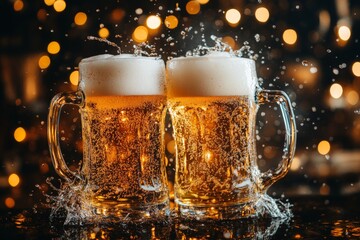 Aufkleber - Cheers with frothy mugs of beer celebrating friendship in a lively bar atmosphere