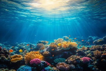 Poster - Colorful coral reef teeming with marine life in clear blue waters during a sunny day