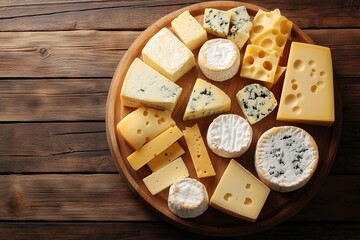 Poster - Assorted cheeses displayed on a round wooden board in a cozy setting