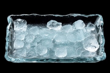 Fototapete - Ice cubes in a clear glass dish resting on a black background ready for cooling drinks on a warm day