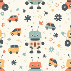 Aufkleber - Cute seamless baby pattern featuring colorful toy robots, tiny cars, and playful gears in a cheerful futuristic theme Generative AI