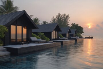 Poster - Cozy waterfront bungalows reflect sunset over calm ocean water in a tropical paradise