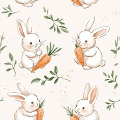 Poster - Seamless baby pattern with fluffy bunnies holding carrots in soft colors Generative AI