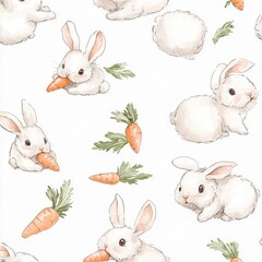Aufkleber - Cute seamless baby pattern of fluffy bunnies playing with carrots in soft pastel colors hand-drawn sketch style Generative AI