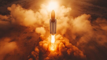 Poster - A powerful rocket ascends with intense propulsion, sending fiery exhaust and smoke into the atmosphere as it embarks on a significant spaceflight mission.