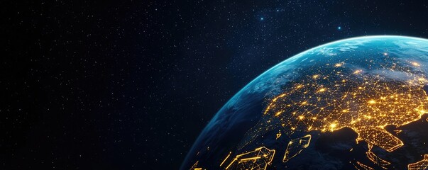 Poster - Earth at night symbolizing global business and communication concept. A stunning view of Earth from space highlighting city lights.