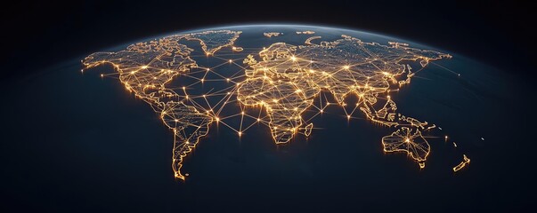 Poster - Earth at night with global communications and cityscapes concept. Aerial view of the world connected by bright network lights.