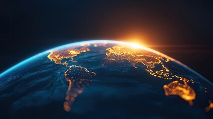 Poster - Earth at night symbolizing global business and communication concept. Stunning aerial view of Earth illuminated by sunrise glow.
