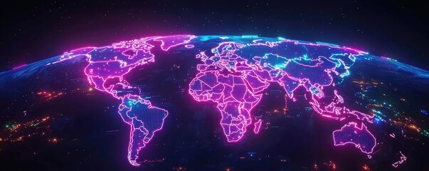 Leinwandbilder - Earth at night displaying global finance and future business concept. A vibrant neon globe showcasing global connections and data.