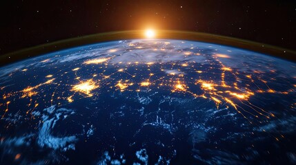 Poster - Earth at night displaying global finance and future business concept. View of Earth from space with shimmering lights and sunrise.