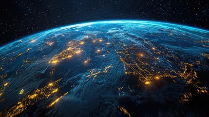 Poster - Earth at night displaying global finance and future business concept. Nighttime view of Earth from space showing lights and structure.