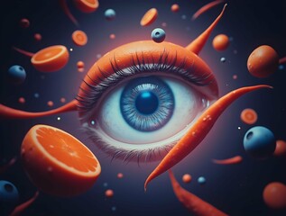 Poster - A surreal eye with lashes amidst floating oranges and blueberries, creating a whimsical and abstract composition