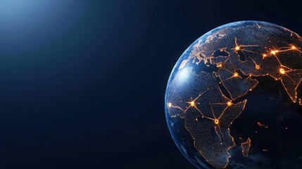 Poster - Earth at night with global communications and cityscapes concept. A stunning global digital network showcasing connected cities.