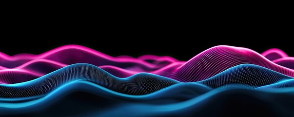 Poster - Binary code background in 3D rendering with computer technology concept. Vibrant abstract waves in pink and blue against a black background.