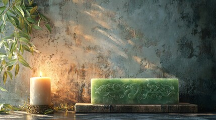Poster - Stylish green couch complemented by a soft candle creating a cozy atmosphere with a touch of elegance and warmth