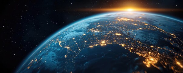 Poster - Earth at night displaying global finance and future business concept. Stunning view of Earth illuminated by a rising sun in space.
