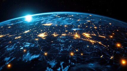Poster - Earth at night with global communications and cityscapes concept. Stunning view of Earth from space with network connections visible.