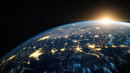 Poster - Earth at night with global communications and cityscapes concept. Stunning view of Earth from space during sunrise and city lights.